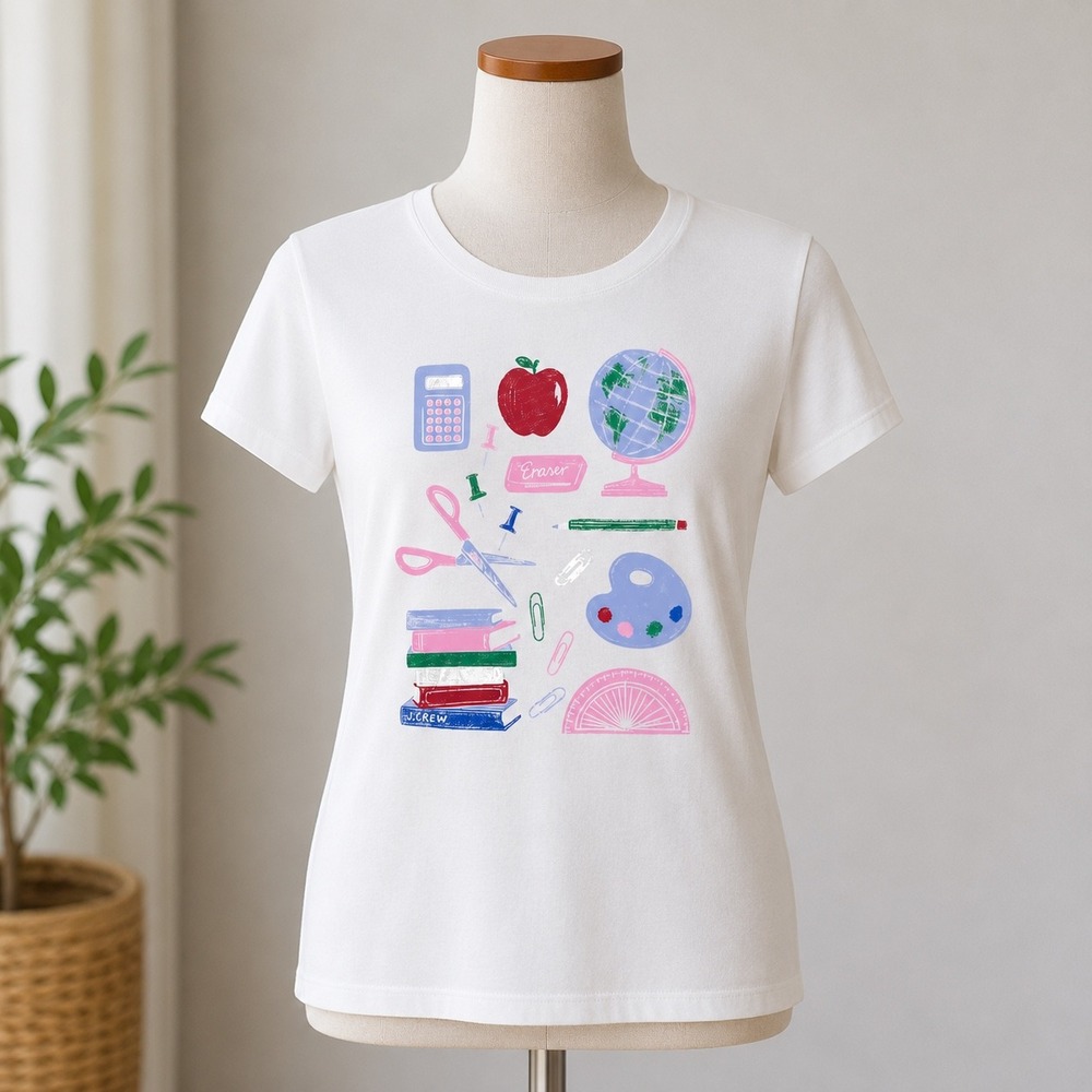 J.Crew Collector Tee Womens XXS White School Supplies Graphic Teacher Academic